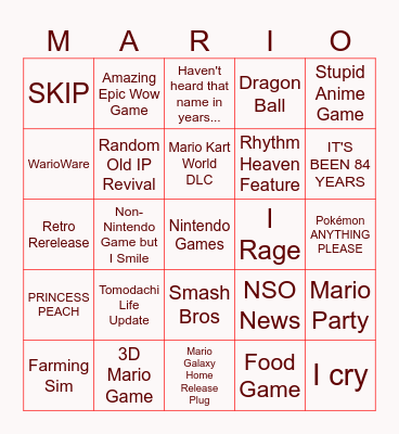 Ninty Direct 6/9/26 Bingo Card