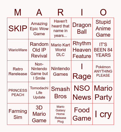 Ninty Direct 6/9/26 Bingo Card