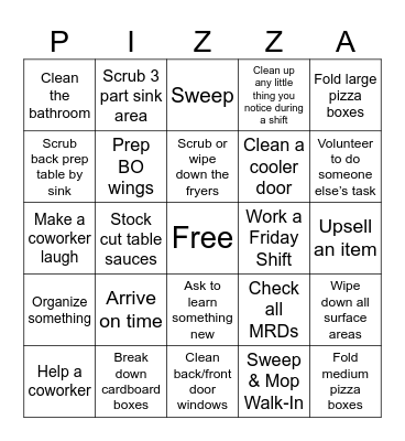 PIZZA HUT Bingo Card