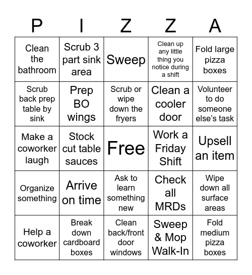 PIZZA HUT Bingo Card