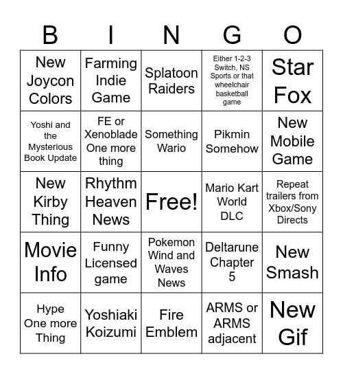 Nintendo Direction Jun 9 Bingo Card