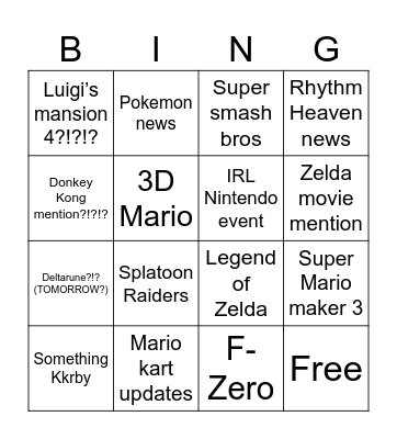 Nintendo Direct 6/9 Bingo Card