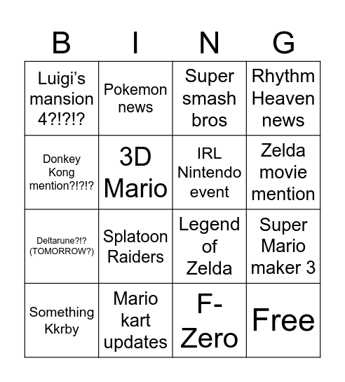 Nintendo Direct 6/9 Bingo Card