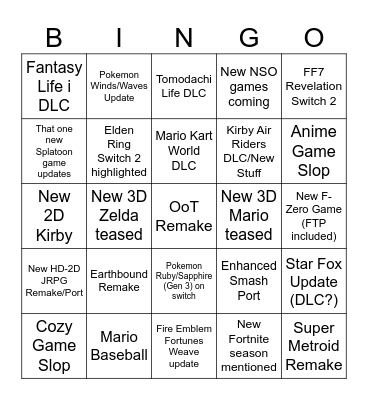 Nintendo Direct 06/09 Bingo Card
