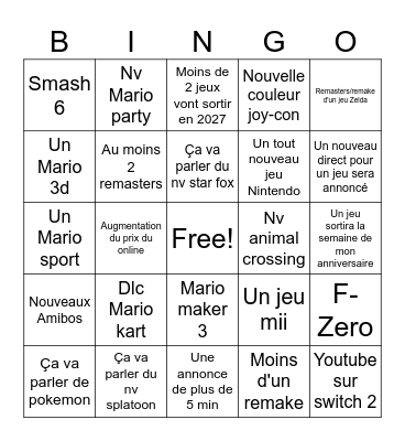 Nintendo direct Bingo Card