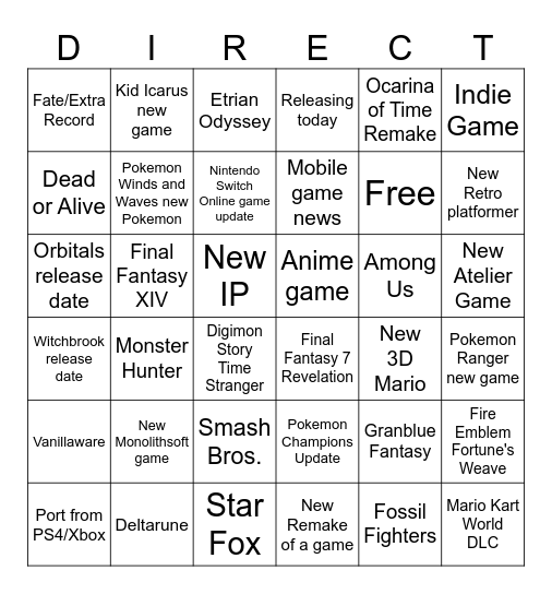 Nintendo Direct June 2026 Bingo Card
