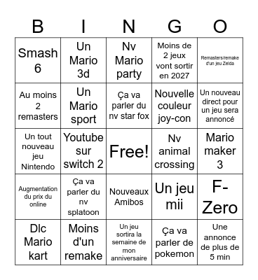 Nintendo direct Bingo Card