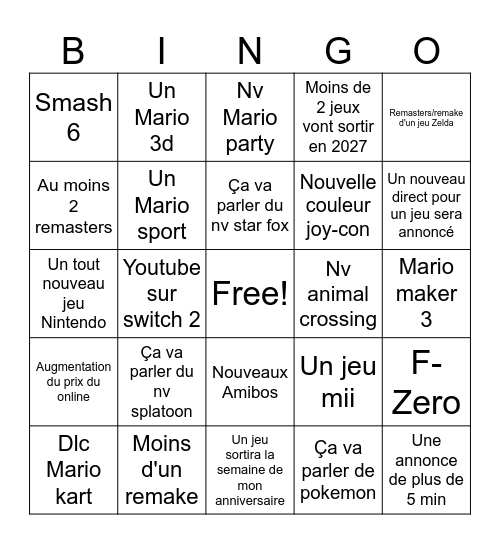 Nintendo direct Bingo Card