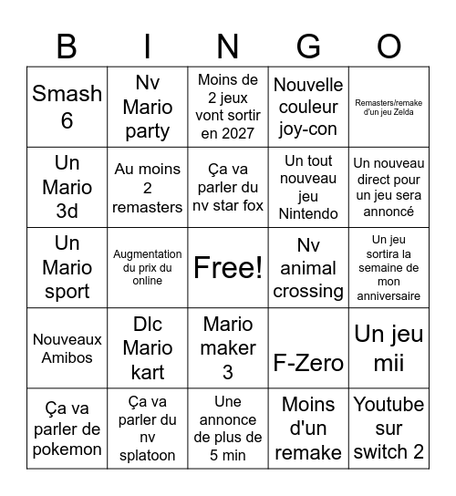 Nintendo direct Bingo Card