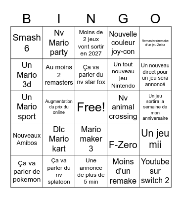 Nintendo direct Bingo Card