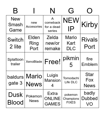 NINTENDO DIRECT CARD Bingo Card