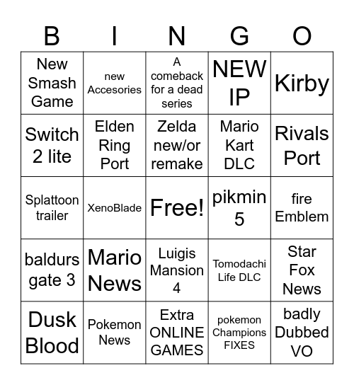 NINTENDO DIRECT CARD Bingo Card