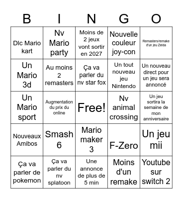 Nintendo direct Bingo Card