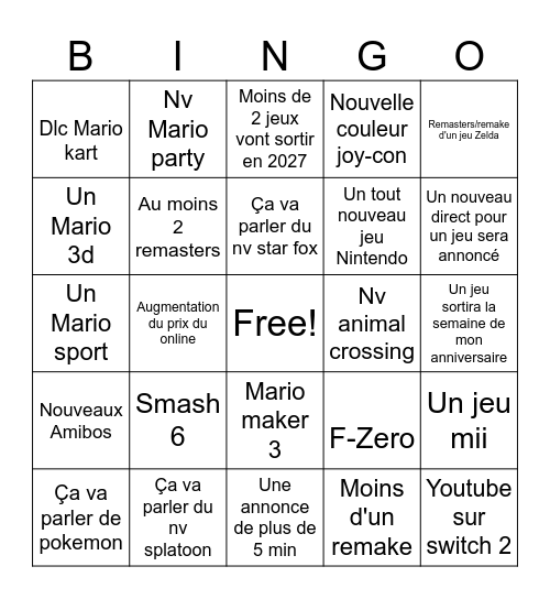 Nintendo direct Bingo Card