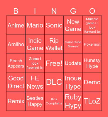 Nintendo Direct Bingo Card