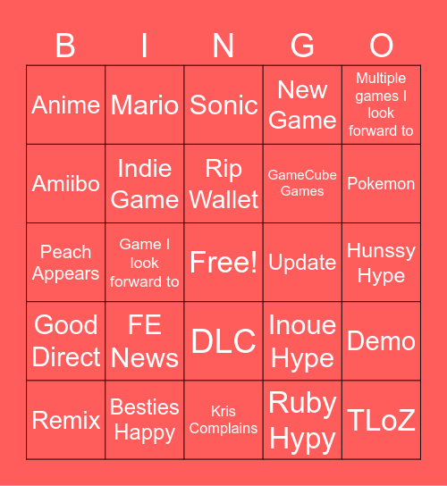 Nintendo Direct Bingo Card