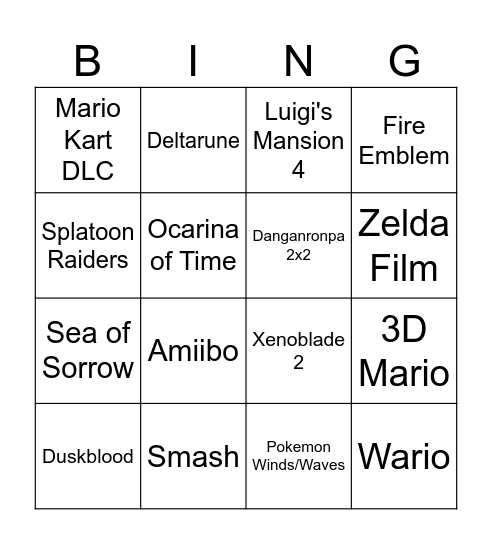 Nintendo Direct Bingo Card