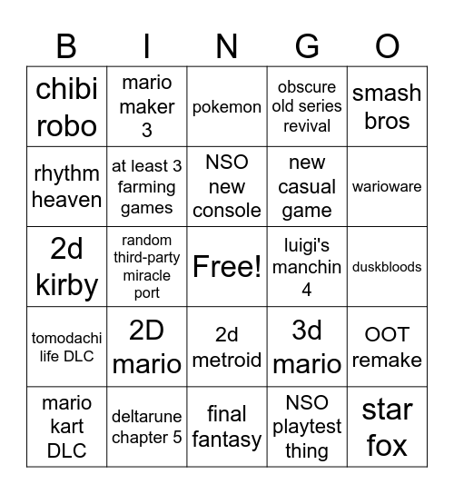 nintendo direct bingo Card