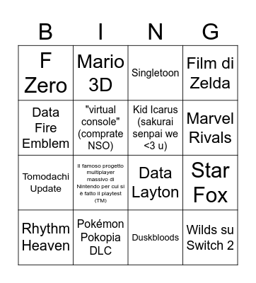 Nintendo Direct Bingo Card