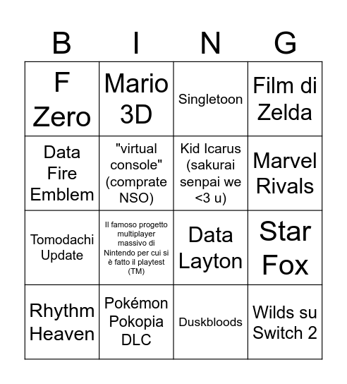 Nintendo Direct Bingo Card