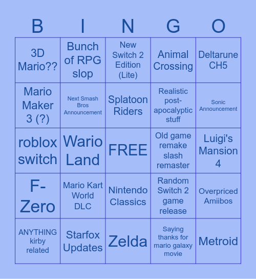 NINTENDO DIRECT BINGO Card