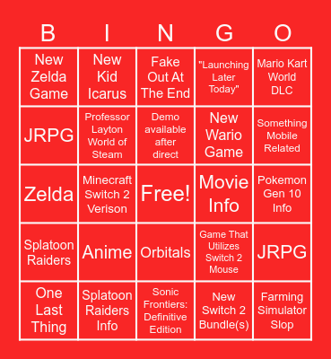 Nintendo Direct 6.9.2026 Bingo Card