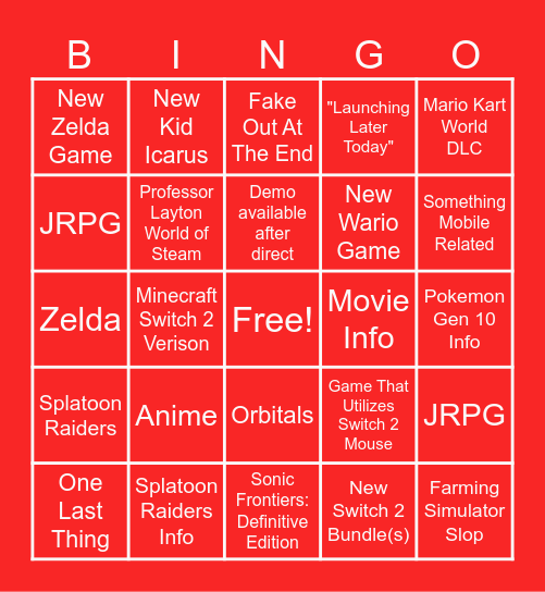 Nintendo Direct 6.9.2026 Bingo Card