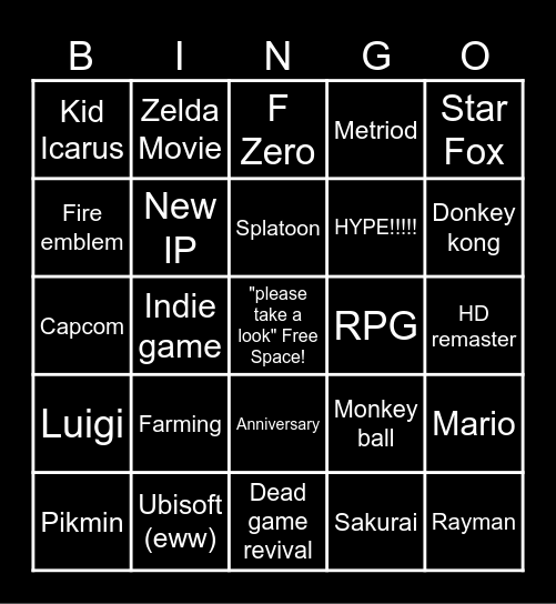 Nintendo Direct Bingo Card