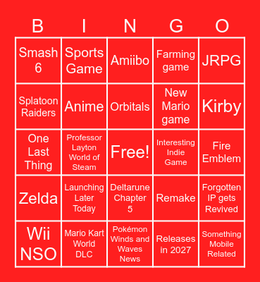 Nintendo Direct 6.9.2026 Bingo Card