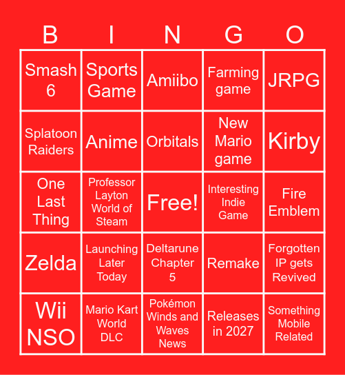 Nintendo Direct 6.9.2026 Bingo Card