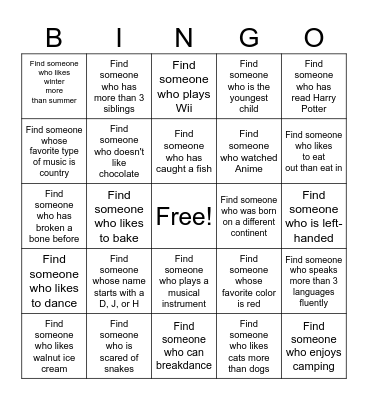 Get to Know Each Other Bingo Card