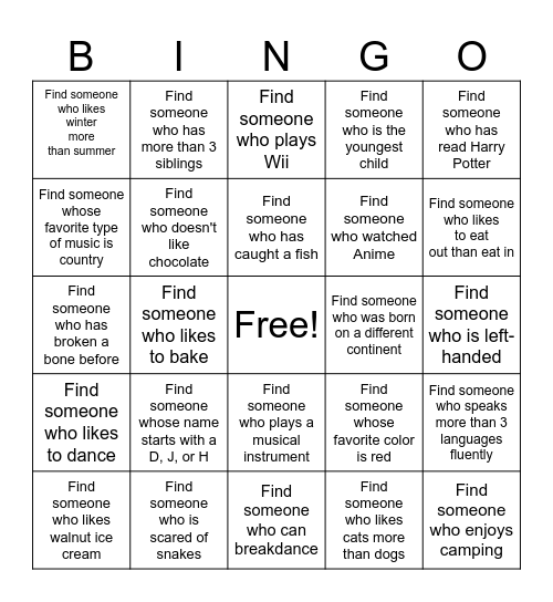Get to Know Each Other Bingo Card