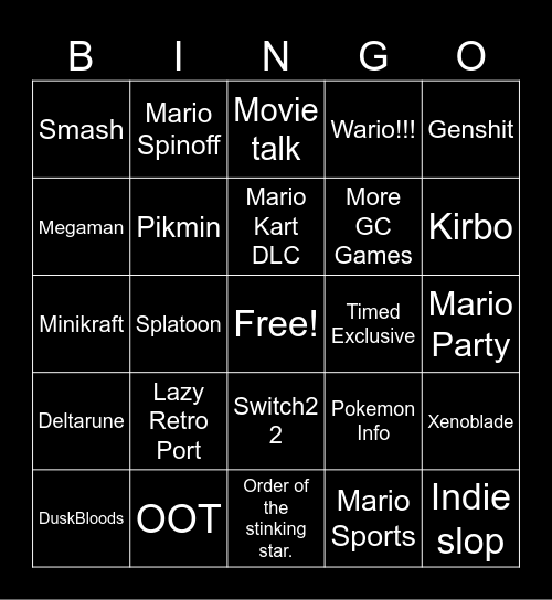 Nintendo Direct Bingo Card