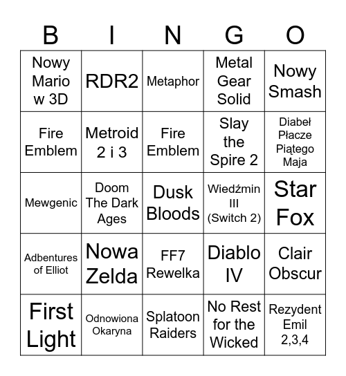 Nintendo Direct 2026 Bingo Card
