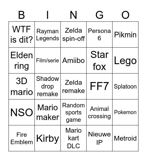 Nintendo direct 9-6-2026 Bingo Card