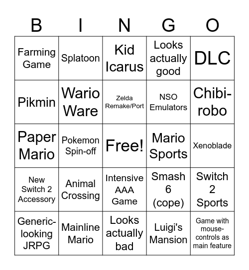 06/09/2026 Nintendo Direct Bingo Card