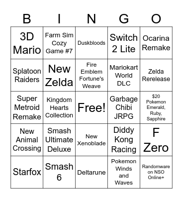 Nintendo Direct Bingo Card