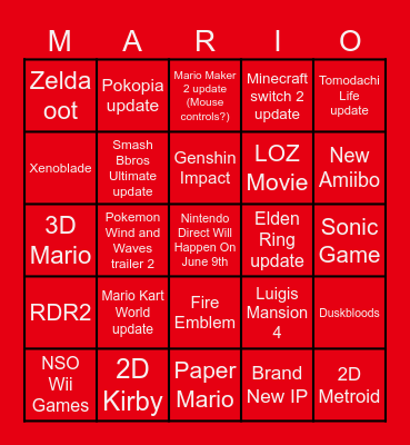 Nintendo Direct June 2026 Bingo Card