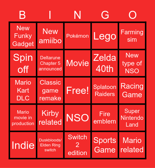 NINTENDO DIRECT Bingo Card