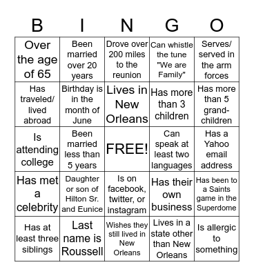 Roussell Family Reunion 2013 Bingo Card