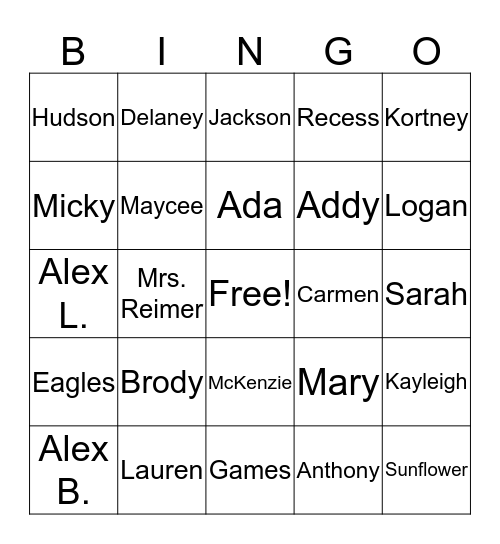 Mrs. Reimer's 2nd Grade Valentine's Party Bingo Card