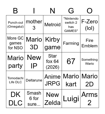 Nintendo 2026 Bingo Card