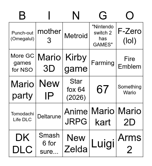 Nintendo 2026 Bingo Card