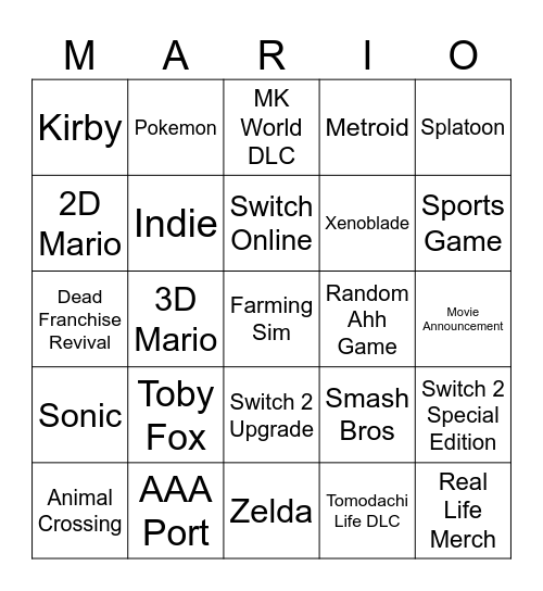 Nintendo Direct Bingo Card