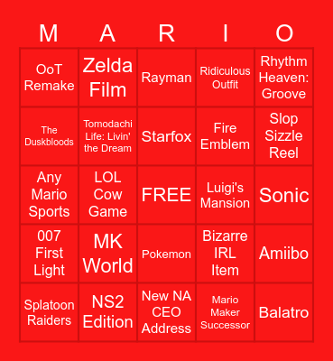 Nintendo Direct June 9th 2026 Bingo Card