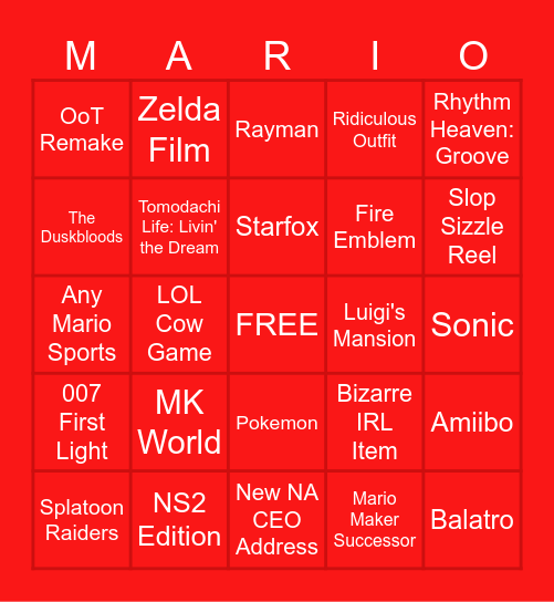 Nintendo Direct June 9th 2026 Bingo Card