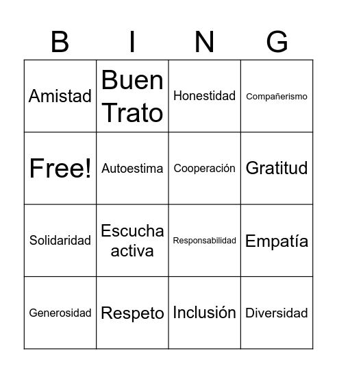 BINGO DE VALORES Y BUEN TRATO Bingo Card