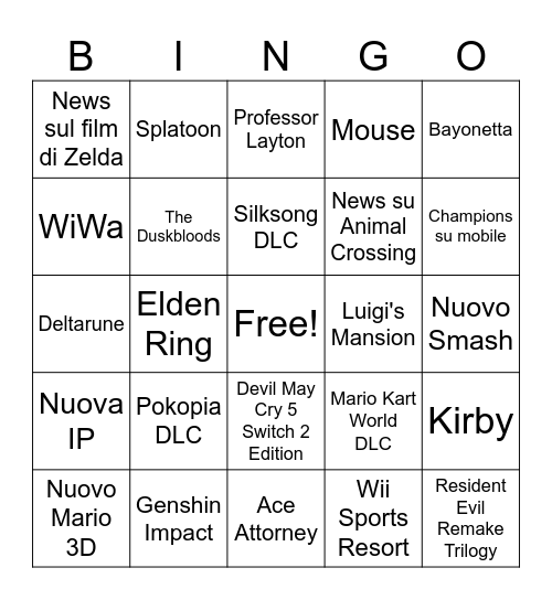 Nintendo Direct Bingo Card