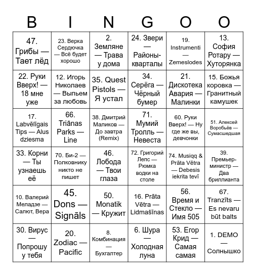 MUZBINGO Card