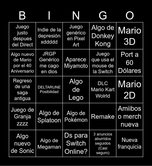 Bingo del Nintendo Direct xddd Bingo Card